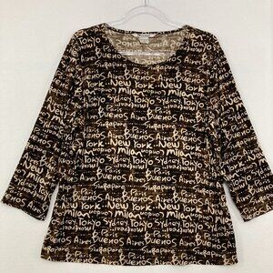 Vintage Nygard size XL Brown Abstract Letters Print 3/4 Sleeve Stretch Blouse